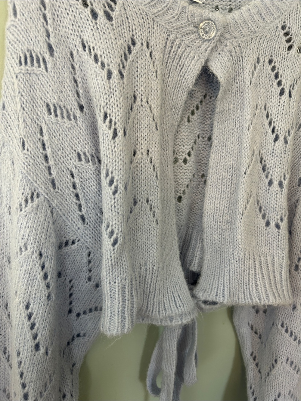 Kimchi Blue Powder Blue Pointelle Tie-Back Cropped Cardigan - size large - Picture 5 of 8